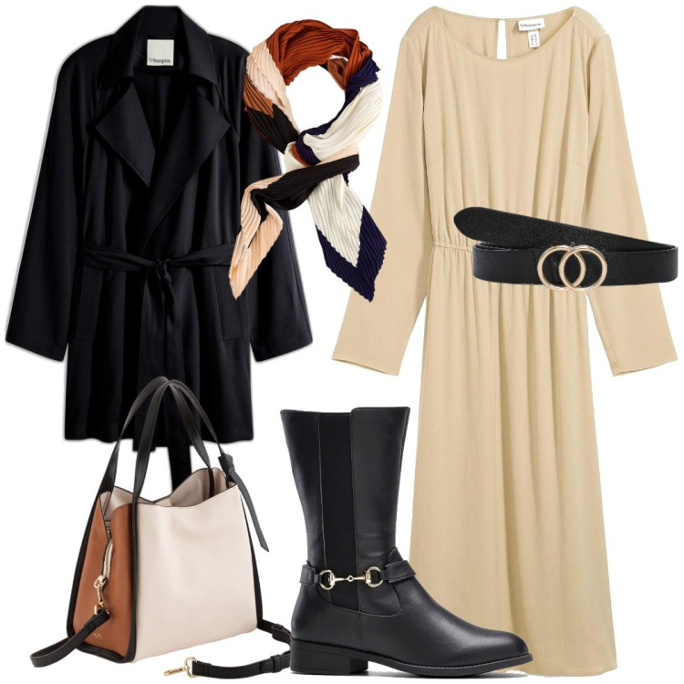 Outfit donna - Da mattina a sera. Stile Chic per Tutti i giorni. Abbinamento con stivali, vestiti midi/longuette, trench, cinture, borse a mano, foulard.