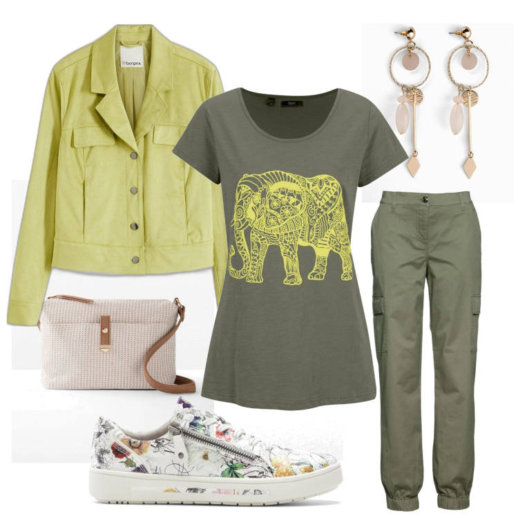 Outfit donna - Casual day. Stile Casual per Tutti i giorni. Abbinamento con pantaloni cargo, orecchini, blazer, t-shirt, sneakers, borse a tracolla.