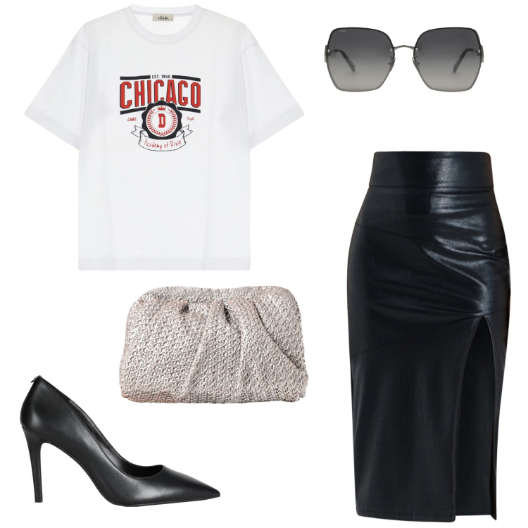 Outfit donna - Sexy rock. Stile Rock per Serata fuori. Abbinamento con décolleté, occhiali da sole, gonne longuette, clutch, t-shirt.