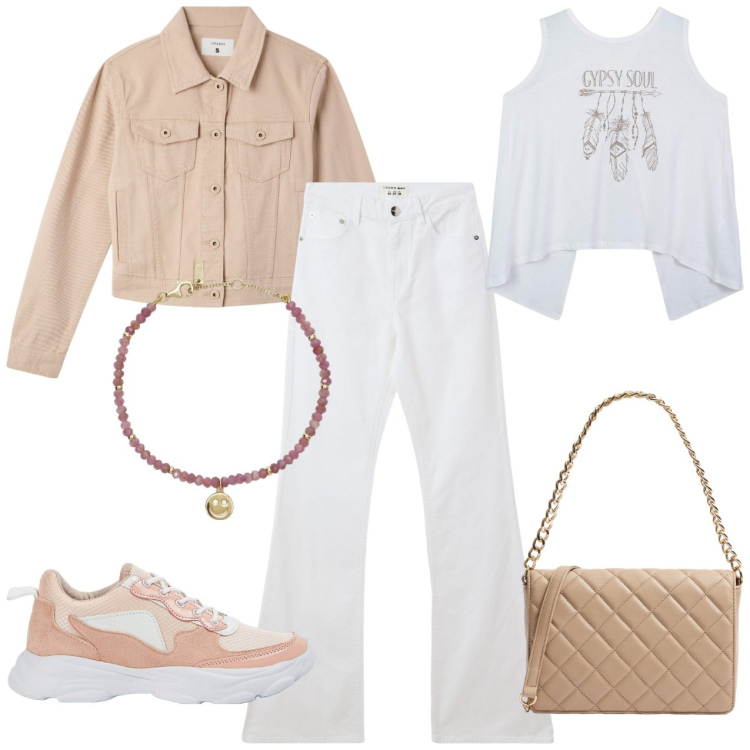 Outfit donna - Jeans bianchi. Stile Casual per Tutti i giorni. Abbinamento con jeans a zampa, sneakers, blazer, canottiere, borse a tracolla, braccialetti.