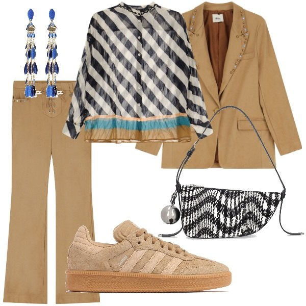 Outfit donna - Aspettando la primavera. Stile Casual chic per Tutti i giorni. Abbinamento con pantaloni, blazer, camicie, orecchini, sneakers, borse a spalla.