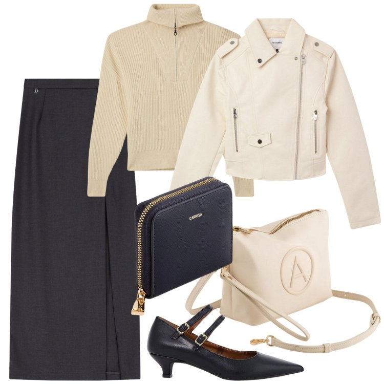 Outfit donna - Tra inverno e primavera. Stile Casual chic per Ufficio. Abbinamento con giacche, maglieria, décolleté, gonne lunghe, valigie, portafogli.
