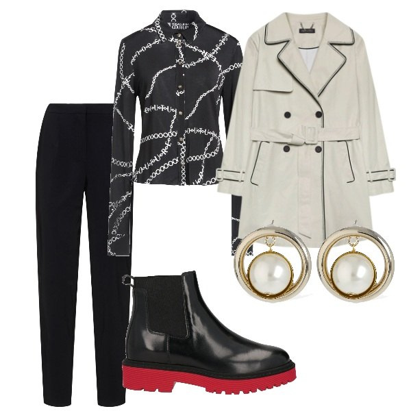 Outfit donna - Aspettando la primavera. Stile Casual chic per Tutti i giorni. Abbinamento con camicie, stivaletti chelsea, trench, orecchini, pantaloni.