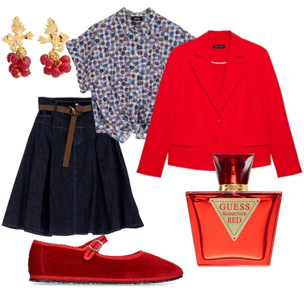 Outfit donna - Dettagli che fanno la differenza. Stile Glamour per Serata fuori. Abbinamento con profumi, camicie a manica corta, gonne longuette, blazer, ballerine, orecchini.