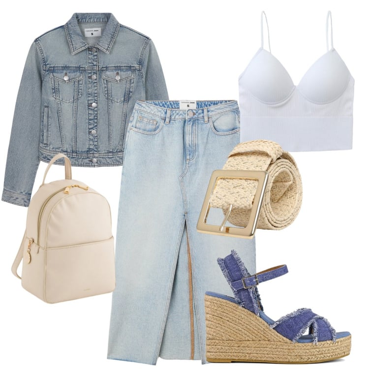 Outfit donna - Boho spring in jeans. Stile Boho per Tutti i giorni. Abbinamento con cinture, gonne lunghe, blazer, top, zeppe, zaini.