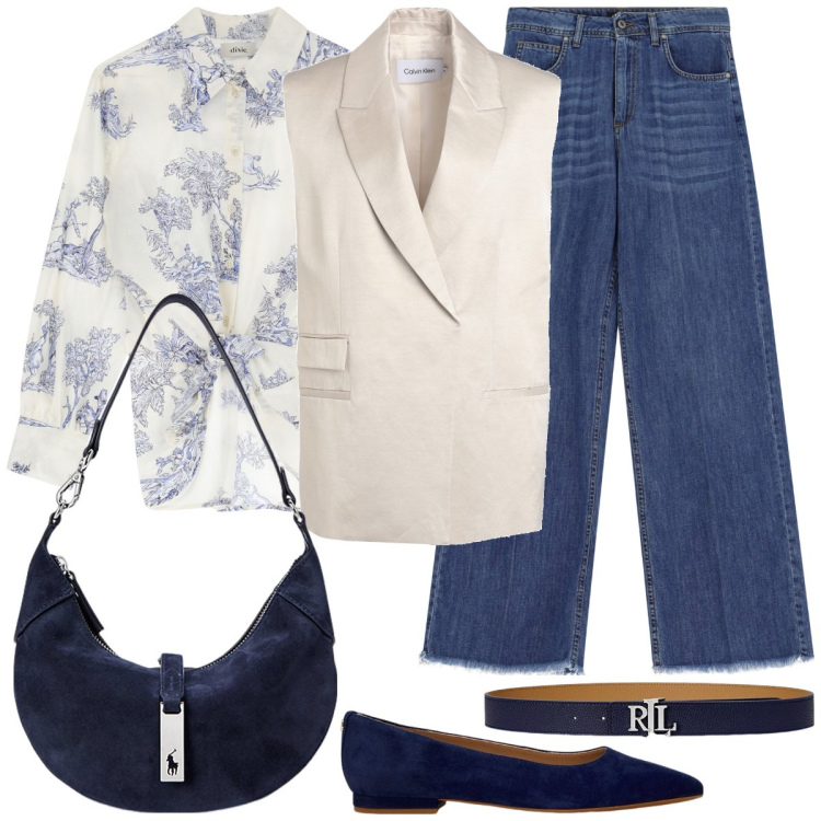 Outfit donna - Blu flower. Stile Casual chic per Ufficio. Abbinamento con blazer, jeans, camicie, cinture, borse a spalla, ballerine.