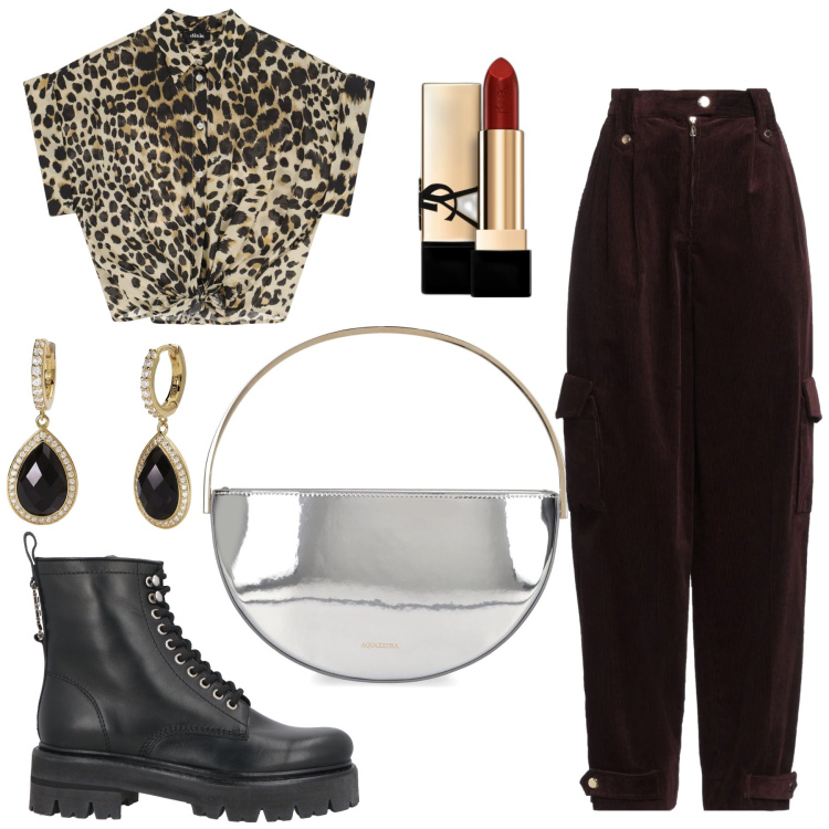 Outfit donna - Animalier. Stile Glamour per Serata fuori. Abbinamento con rossetti, anfibi, pantaloni cargo, orecchini, camicie a manica corta, pochette.