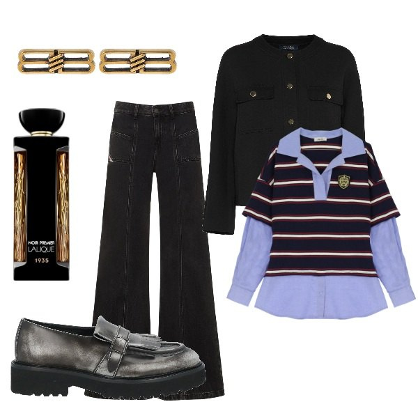 Outfit donna - A spasso per la città. Stile Trendy per Tutti i giorni. Abbinamento con mocassini, profumi, t-shirt, jeans, orecchini, blazer.