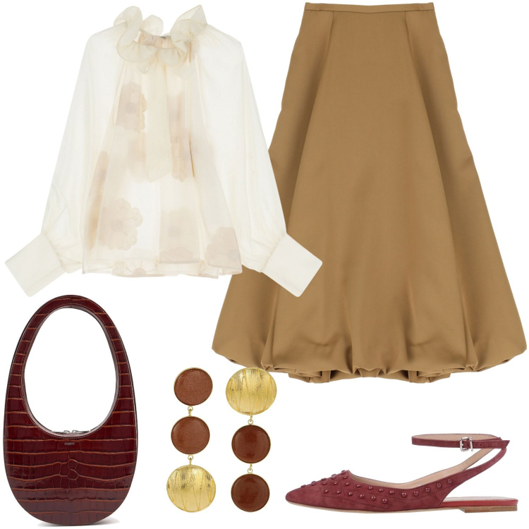 Outfit donna - Chic di giorno. Stile Glamour per Tutti i giorni. Abbinamento con ballerine, gonne longuette, bluse, orecchini, borse a spalla.