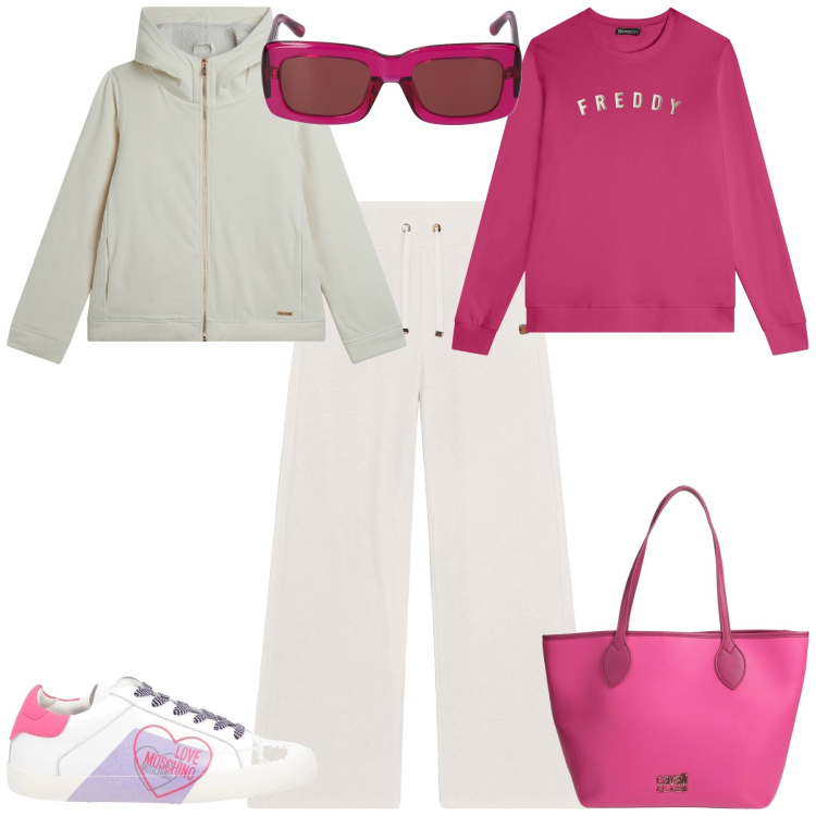 Outfit donna - Week end. Stile Sporty chic per Tutti i giorni. Abbinamento con borse a spalla, sneakers, pantaloni, felpe, blazer, occhiali da sole.