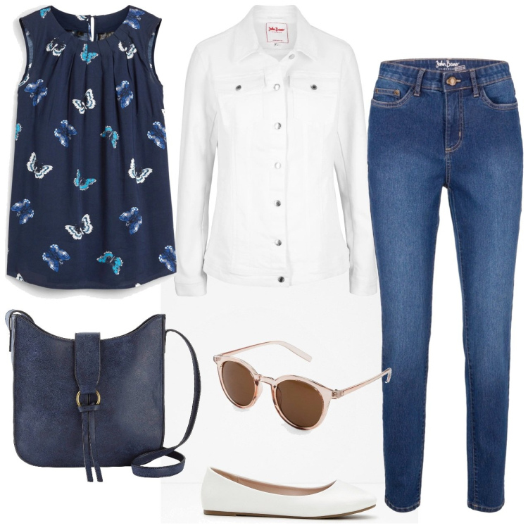 Outfit donna - Bianco e blu. Stile Casual per Tutti i giorni. Abbinamento con top, jeans skinny, occhiali da sole, ballerine, blazer, borse a tracolla.