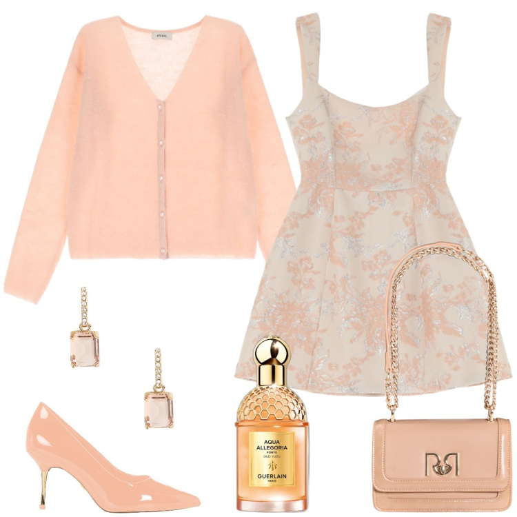 Outfit donna - Total look #2080268. Stile Bon Ton per Cerimonia. Abbinamento con profumi, décolleté, borse a tracolla, vestiti corti, cardigans, orecchini.