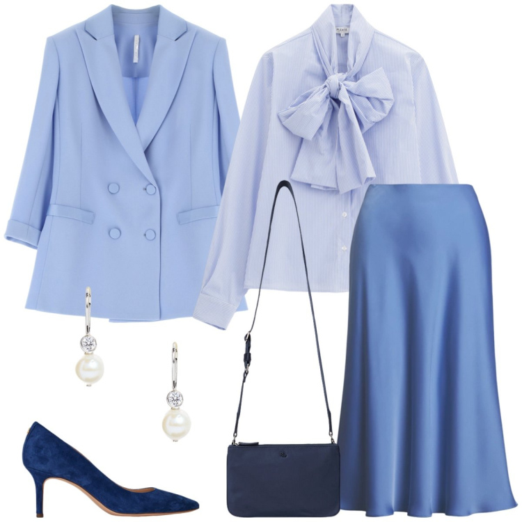 Outfit donna - Total look #2080282. Stile Chic per Cerimonia. Abbinamento con camicie, blazer, gonne, décolleté, borse a tracolla, orecchini.