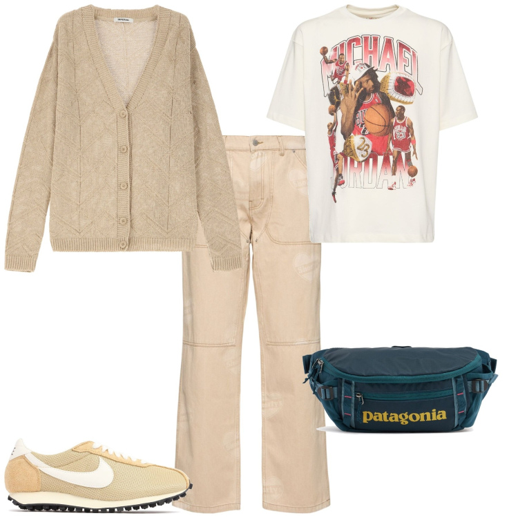 Outfit uomo - Week end. Stile Casual per Tutti i giorni. Abbinamento con cardigans, sneakers, borse sportive, pantaloni, t-shirt.