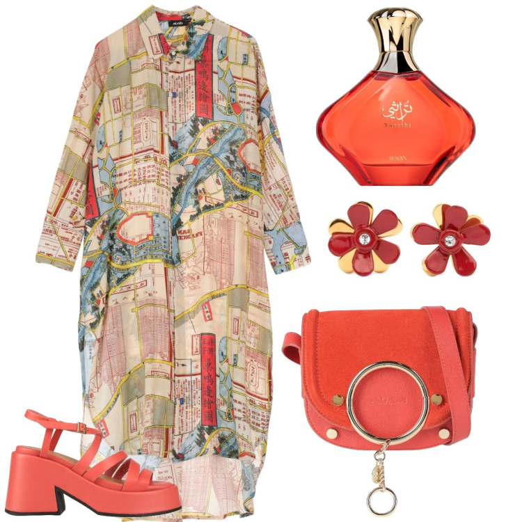 Outfit donna - Borsa arancione. Stile Etnico per Tutti i giorni. Abbinamento con sandali in pelle, borse a tracolla, profumi, vestiti chemisier, orecchini.