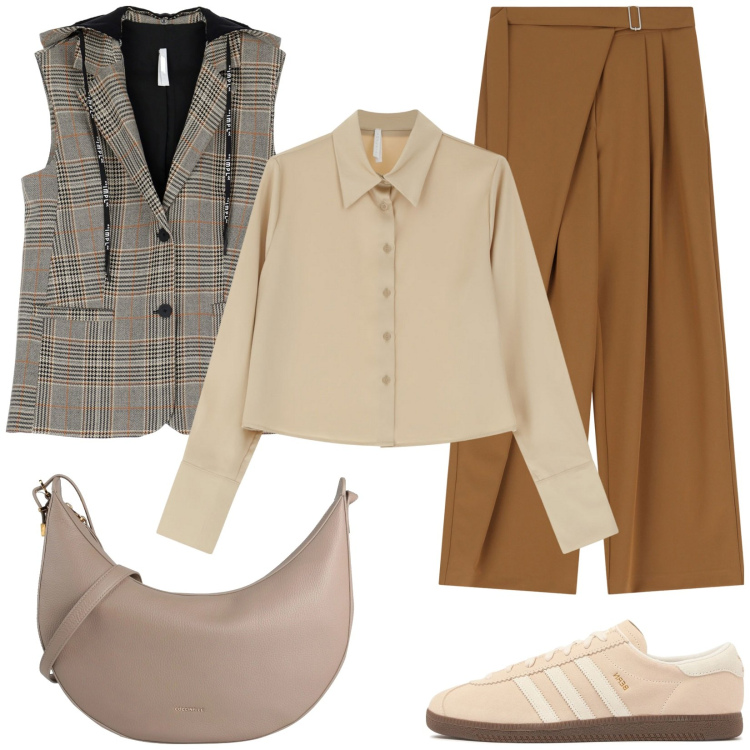 Outfit donna - Il gilet sportivo. Stile Sporty chic per Tutti i giorni. Abbinamento con borse a tracolla, pantaloni a palazzo, gilet, camicie, sneakers.