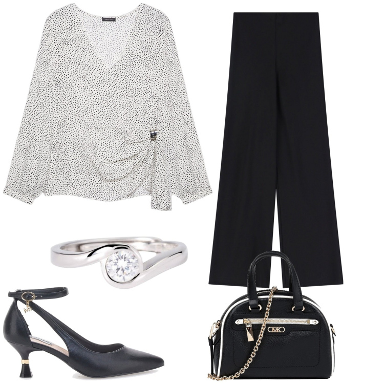 Outfit donna - Blusa fluida. Stile Chic per Serata fuori. Abbinamento con borse a mano, anelli, pantaloni, décolleté, bluse.