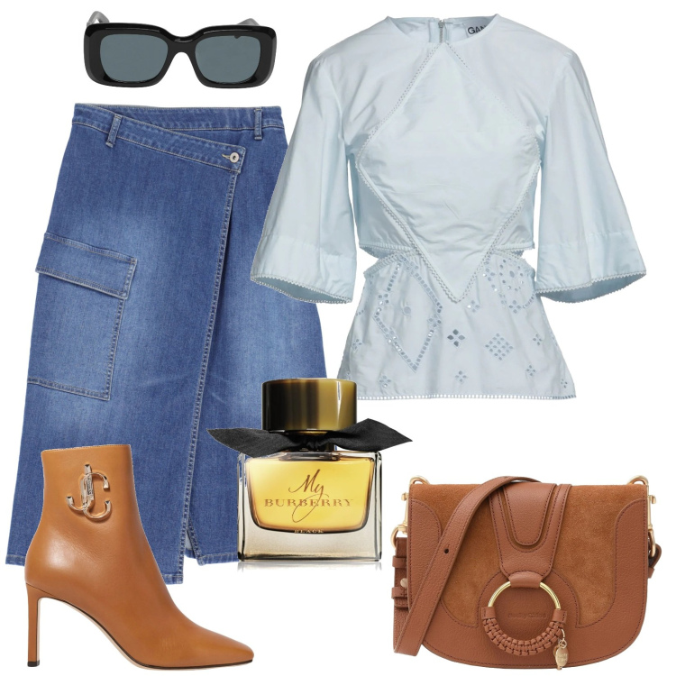 Outfit donna - Total look #2080288. Abbinamento con top, stivaletti, borse a tracolla, occhiali da sole, profumi, gonne longuette.
