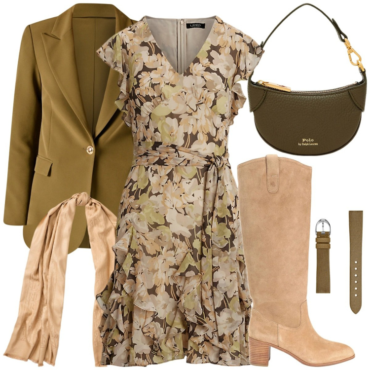 Outfit donna - Flowerful. Stile Casual chic per Tutti i giorni. Abbinamento con stivali, blazer, orologi, vestiti, portafogli, sciarpe.