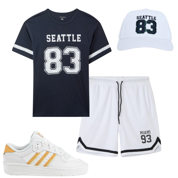 Outfit uomo - Basket al parco. Stile Casual per Sport. Abbinamento con sneakers, cappelli, t-shirt sportive, bermuda.