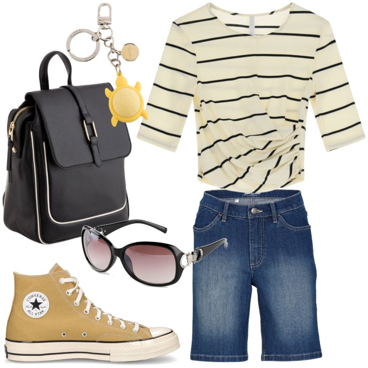 Outfit donna - Urban style. Stile Casual per Tutti i giorni. Abbinamento con bermuda, occhiali da sole, t-shirt, sneakers, zaini, portachiavi.