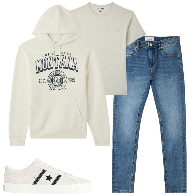Outfit uomo - Marzo. Stile Casual per Tutti i giorni. Abbinamento con sneakers, felpe sportive, jeans skinny, t-shirt.