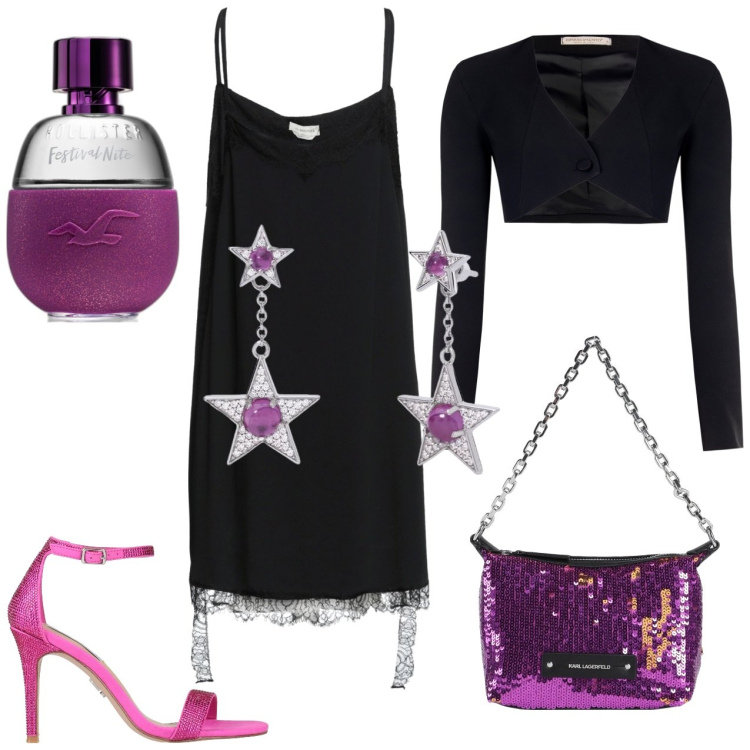 Outfit donna - Serata in discoteca. Stile Sexy per Serata fuori. Abbinamento con sandali col tacco, vestiti corti, borse a mano, profumi, orecchini, bolero.