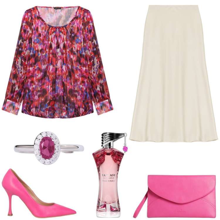 Outfit donna - Blusa fluida. Stile Romantica per Serata fuori. Abbinamento con borse a mano, décolleté, profumi, anelli, gonne longuette, bluse.