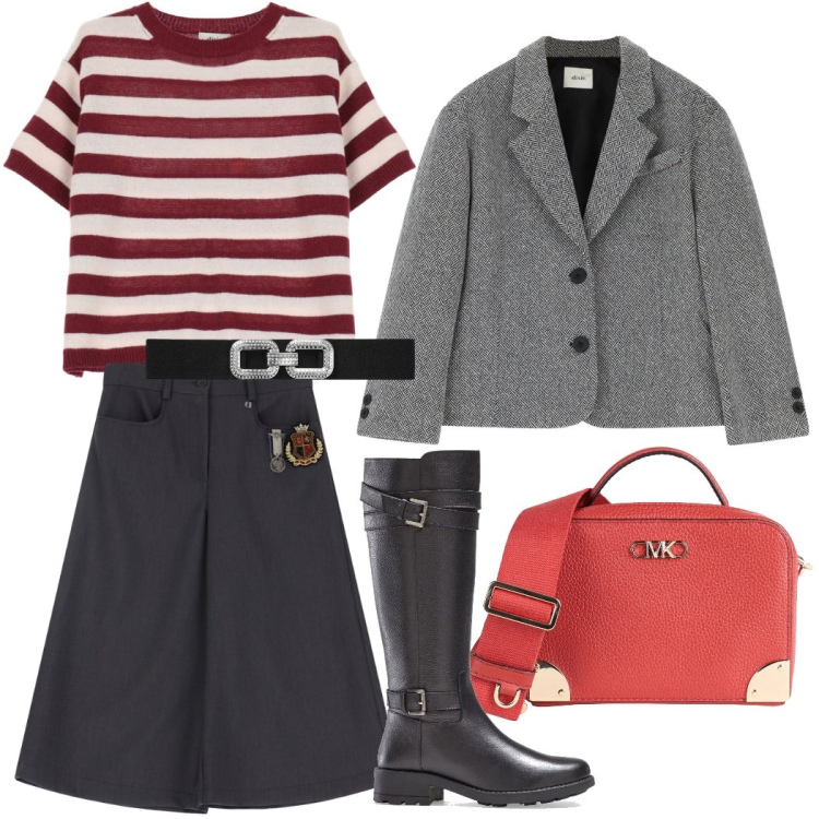 Outfit donna - Total look #2080308. Stile Preppy per Tutti i giorni. Abbinamento con stivali, borse a tracolla, cinture, bermuda, blazer, maglieria.