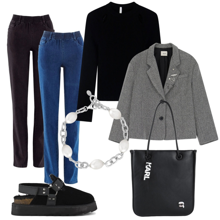 Outfit donna - Total look #2080318. Stile Casual chic per Tutti i giorni. Abbinamento con jeans dritti, borse a spalla, braccialetti, maglieria, blazer, sabot.