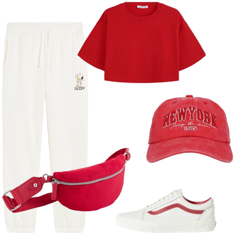Outfit donna - Corsetta mattutina. Stile Casual per Tutti i giorni. Abbinamento con sneakers, cappelli, t-shirt, pantaloni, marsupi.