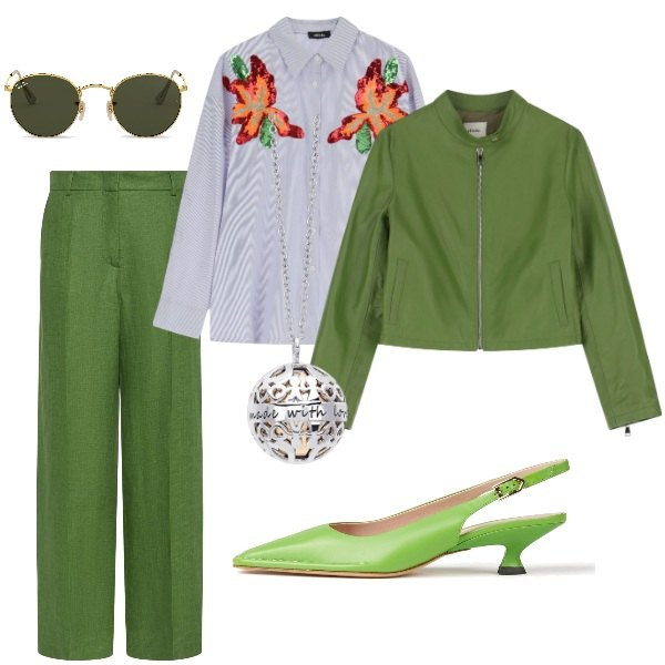 Outfit donna - Dettagli che fanno la differenza. Stile Casual chic per Tutti i giorni. Abbinamento con décolleté, collane, giacche, camicie, occhiali da sole, pantaloni.