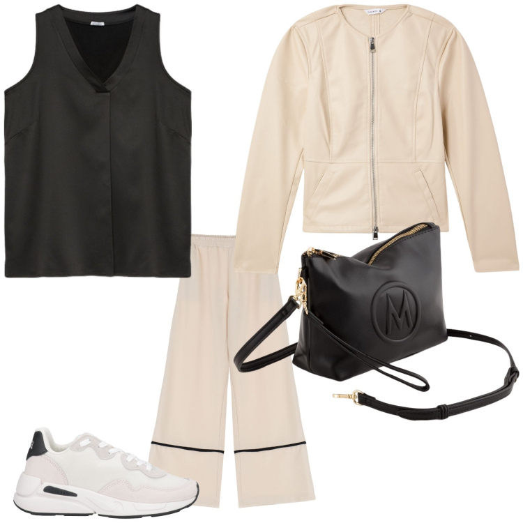 Outfit donna - Basic. Stile Casual chic per Tutti i giorni. Abbinamento con sneakers, blazer, pantaloni, valigie, top.