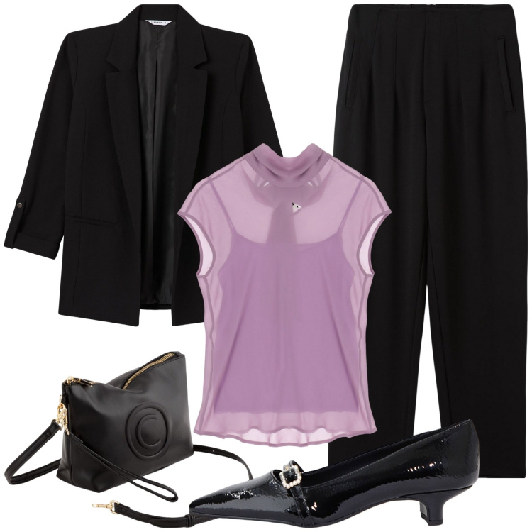 Outfit donna - Look da sera con piccoli prezzi. Stile Casual chic per Serata fuori. Abbinamento con blazer, pantaloni chino, top, ballerine, valigie.