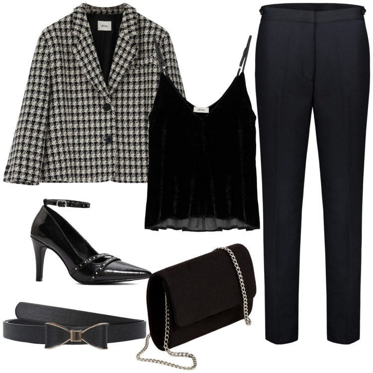 Outfit donna - Il blazer a scacchi per la sera. Stile Casual chic per Serata fuori. Abbinamento con décolleté, cinture, canottiere, blazer, pantaloni, pochette.