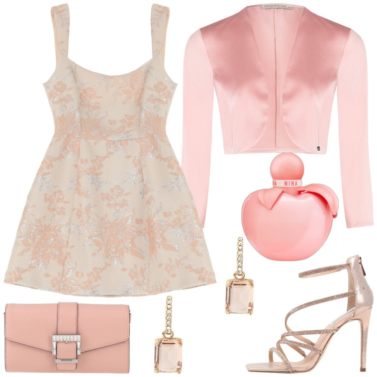 Outfit donna - Diciottesimo. Stile Chic per Cerimonia. Abbinamento con sandali col tacco, borse a mano, profumi, bolero, vestiti corti, orecchini.