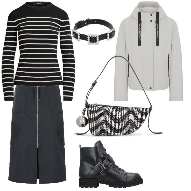 Outfit donna - Come in un film bianco e nero. Stile Mannish per Tutti i giorni. Abbinamento con stivaletti, pullovers, blazer, collane, gonne, borse a spalla.