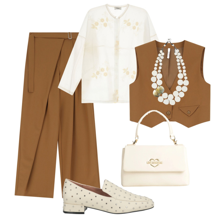 Outfit donna - Tabacco e panna a cena. Stile Glamour per Serata fuori. Abbinamento con mocassini, borse a mano, pantaloni a palazzo, gilet, camicie, ciondoli.