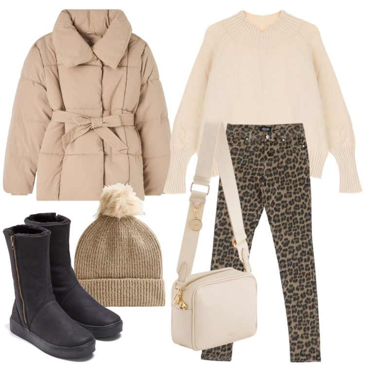 Outfit donna - Freddo non ti temo. Stile Casual chic per Tutti i giorni. Abbinamento con stivali, piumini, berretti, pantaloni, maglieria, borse a tracolla.