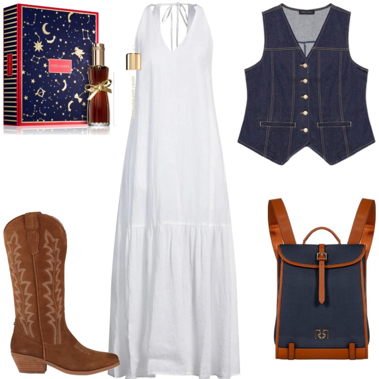 Outfit donna - Unica. Stile Boho per Tutti i giorni. Abbinamento con vestiti lunghi, stivali, profumi, zaini, gilet.