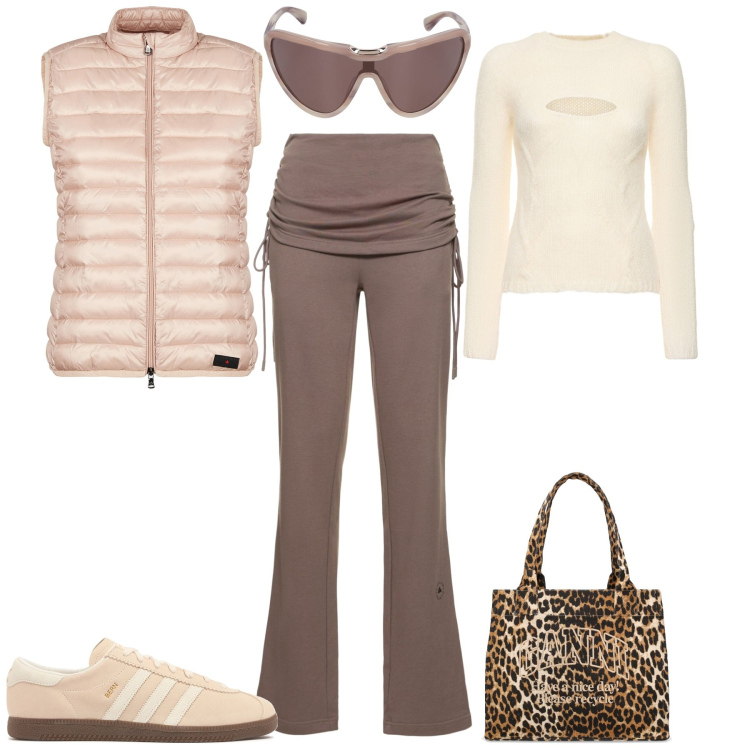 Outfit donna - Total look #2080357. Stile Sporty chic per Tutti i giorni. Abbinamento con piumini, maglieria, shopping bag, pantaloni, occhiali da sole, sneakers.
