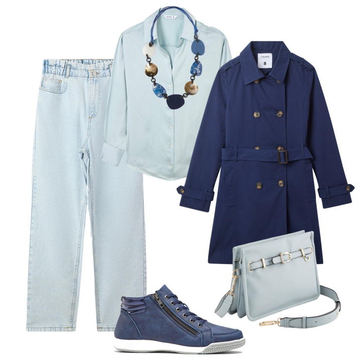 Outfit donna - Per tutti i giorni. Stile Casual per Tutti i giorni. Abbinamento con sneakers alte, jeans, camicie, trench, collane, borse a tracolla.