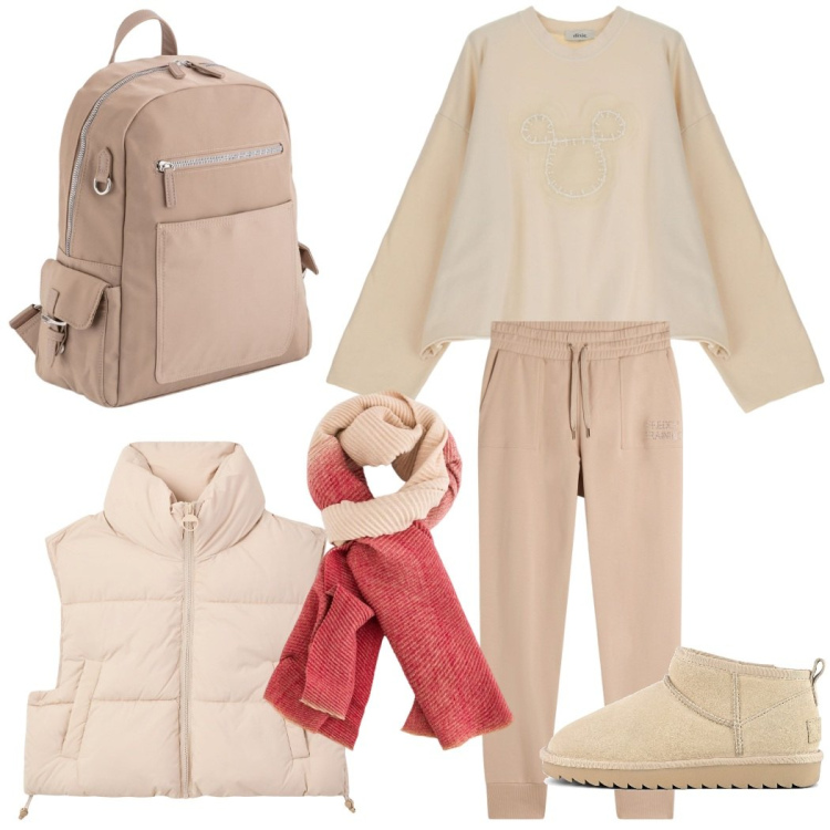 Outfit donna - Sporty chic monocromatico. Stile Sporty chic per Tutti i giorni. Abbinamento con piumini, pantaloni, felpe, stivali, sciarpe, zaini.