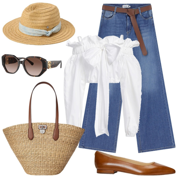 Outfit donna - Boho jeans. Stile Boho per Tutti i giorni. Abbinamento con top, jeans, ballerine, borse tote, occhiali da sole, cappelli.