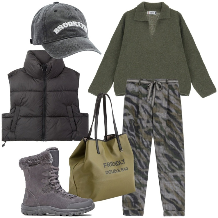 Outfit donna - Urban style. Stile Urban per Tutti i giorni. Abbinamento con stivaletti, cappelli, piumini, pullovers, pantaloni, shopping bag.