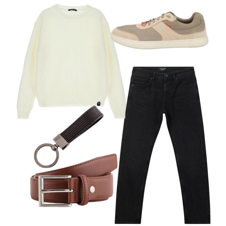 Outfit uomo - Easy boy. Stile Casual per Tutti i giorni. Abbinamento con sneakers, jeans, maglieria, portachiavi, cinture.