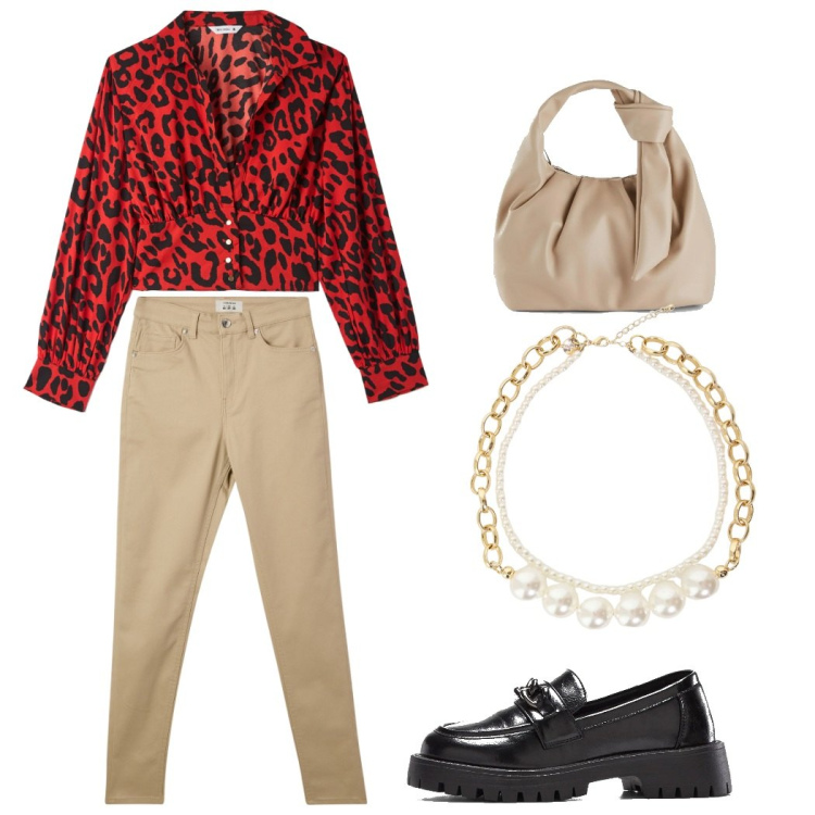Outfit donna - Tempo libero. Stile Sporty chic per Tutti i giorni. Abbinamento con borse a mano, mocassini, pantaloni skinny, bluse, collane.