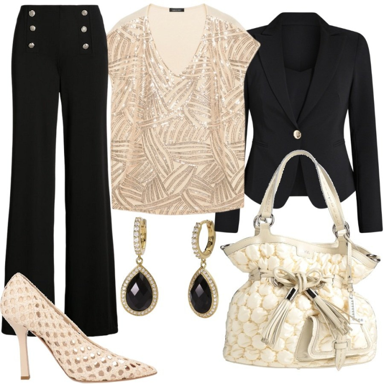 Outfit donna - Mini bag , maxi wow. Stile Chic per Ufficio. Abbinamento con décolleté, borse a secchiello, orecchini, blazer, pantaloni, t-shirt.