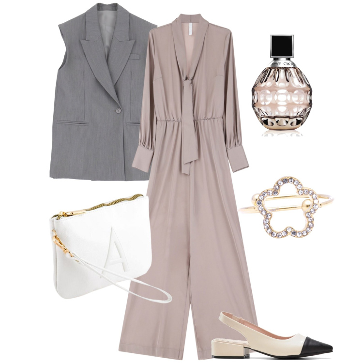 Outfit donna - A jumpsuit con il gilet. Stile Bon Ton per Cerimonia. Abbinamento con décolleté, profumi, tute, gilet, anelli, pochette.