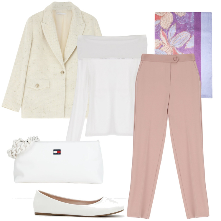 Outfit donna - Dettagli bianchi. Stile Bon Ton per Ufficio. Abbinamento con ballerine, borse a mano, maglieria, pantaloni, blazer, stole.